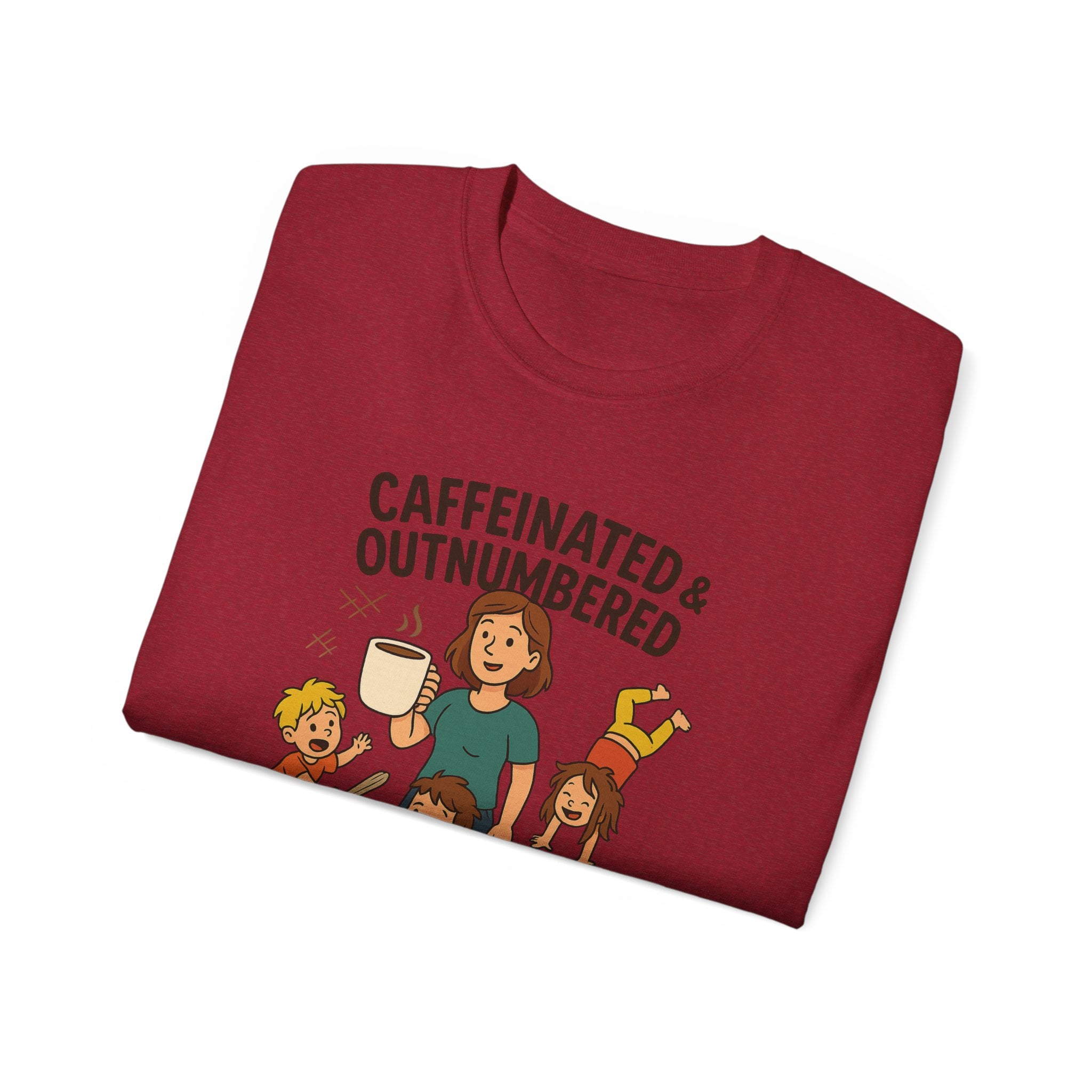 Caffeinated & Outnumbered Tee, Mom Life Shirt, Funny Parenting Tee, Gifts for Moms, Family Humor T-Shirt, Cute Kids Design