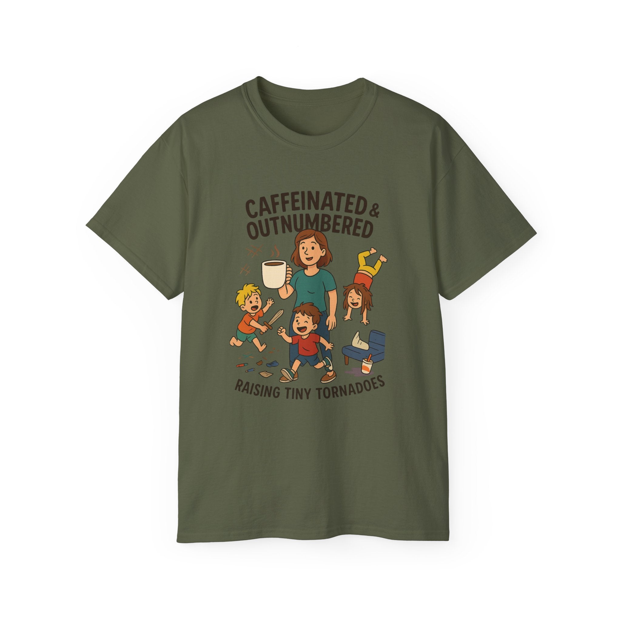 Caffeinated & Outnumbered Tee, Mom Life Shirt, Funny Parenting Tee, Gifts for Moms, Family Humor T-Shirt, Cute Kids Design