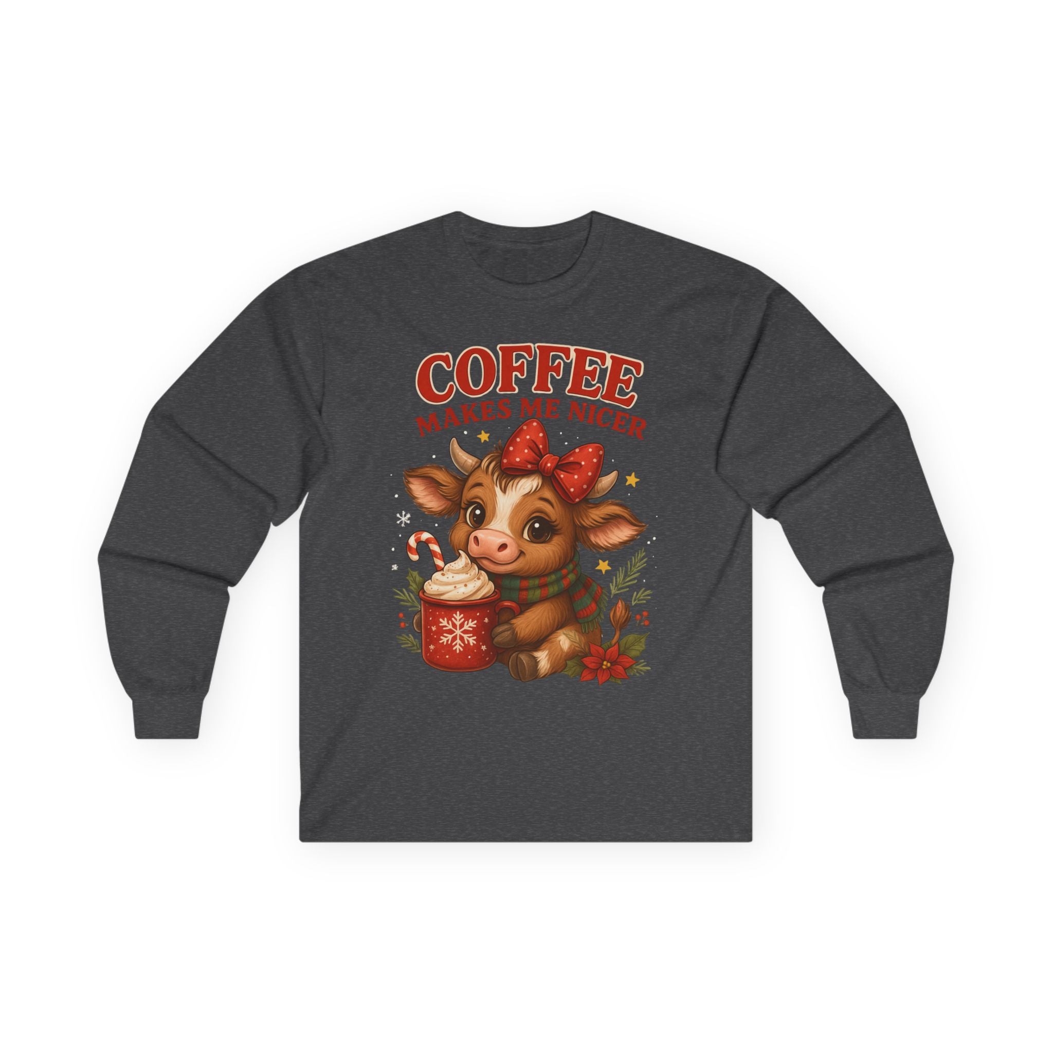 Unisex Long Sleeve Tee with Cute Cow Design - Coffee Makes Me Nicer, Holiday Gift, Casual Wear, Coffee Lover Apparel