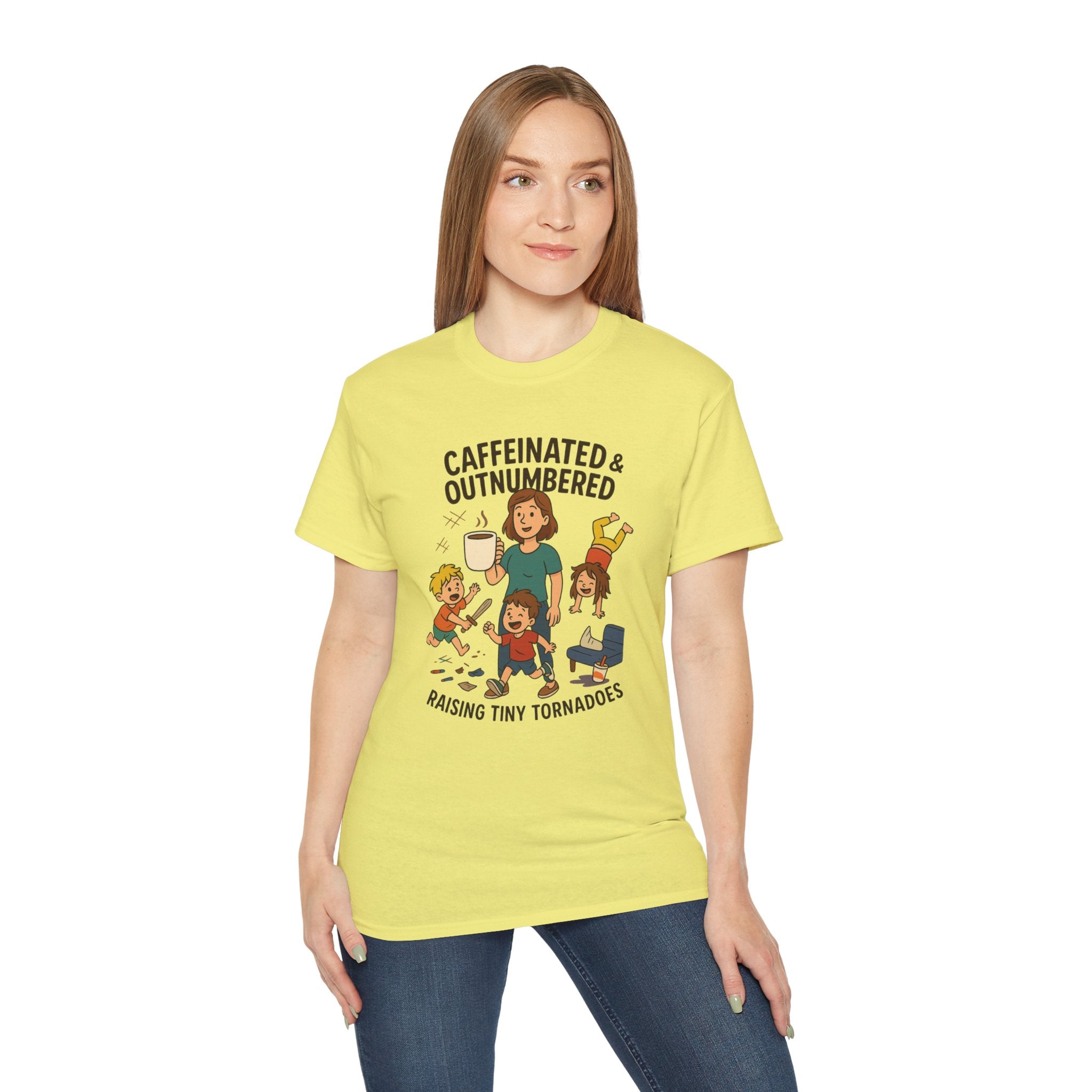 Caffeinated & Outnumbered Tee, Mom Life Shirt, Funny Parenting Tee, Gifts for Moms, Family Humor T-Shirt, Cute Kids Design