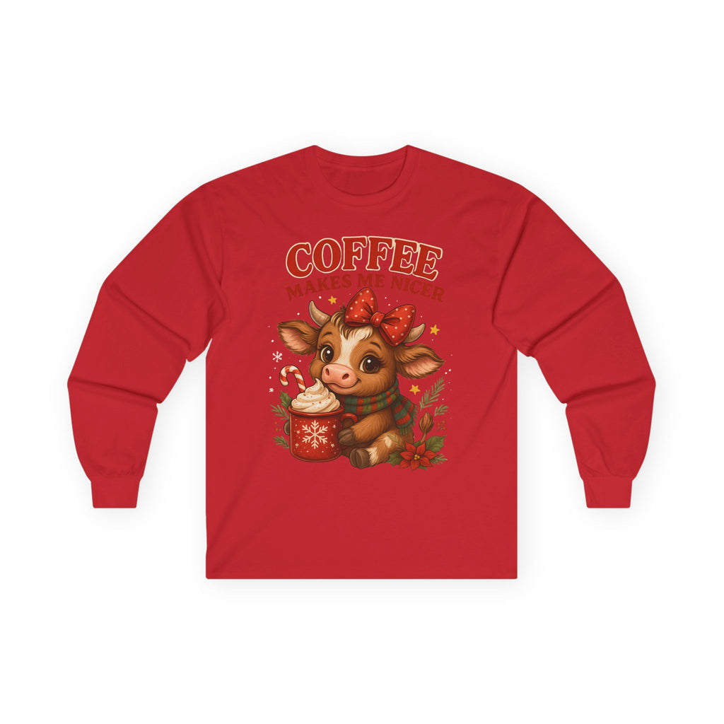 Unisex Long Sleeve Tee with Cute Cow Design - Coffee Makes Me Nicer, Holiday Gift, Casual Wear, Coffee Lover Apparel