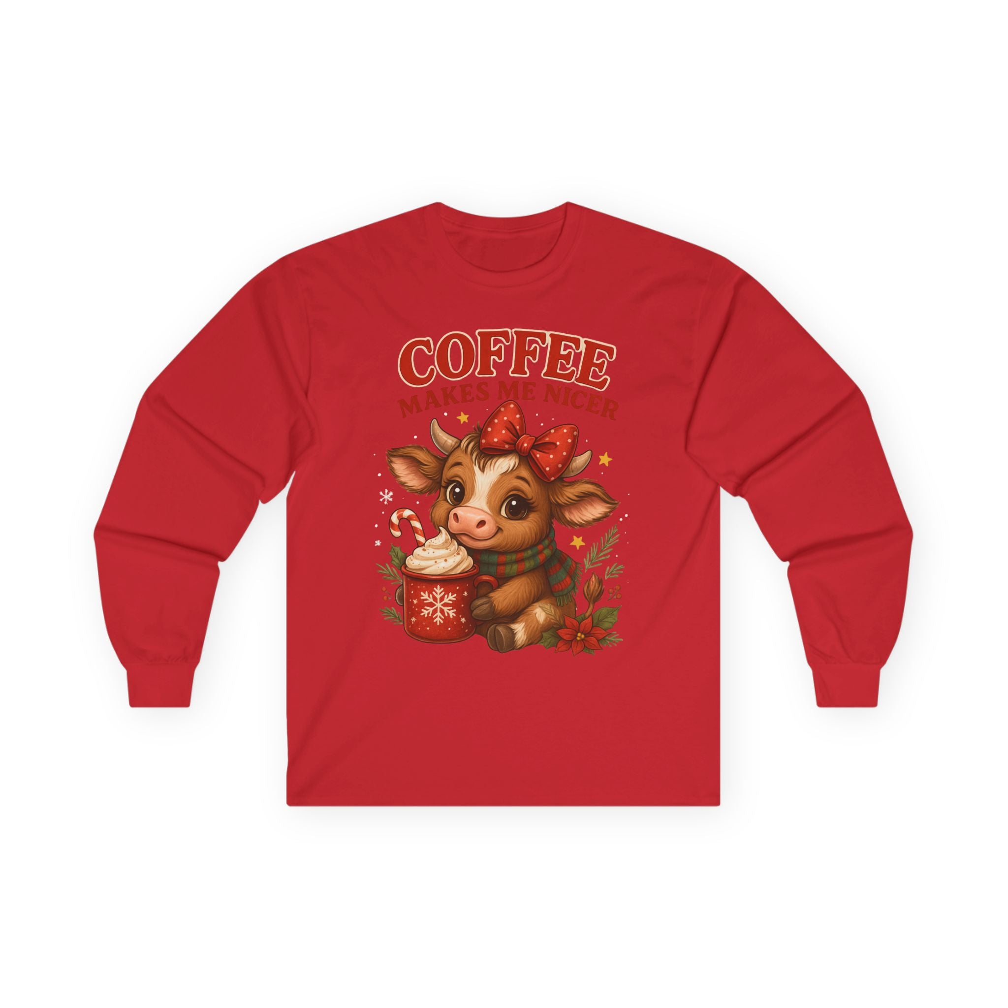 Unisex Long Sleeve Tee with Cute Cow Design - Coffee Makes Me Nicer, Holiday Gift, Casual Wear, Coffee Lover Apparel