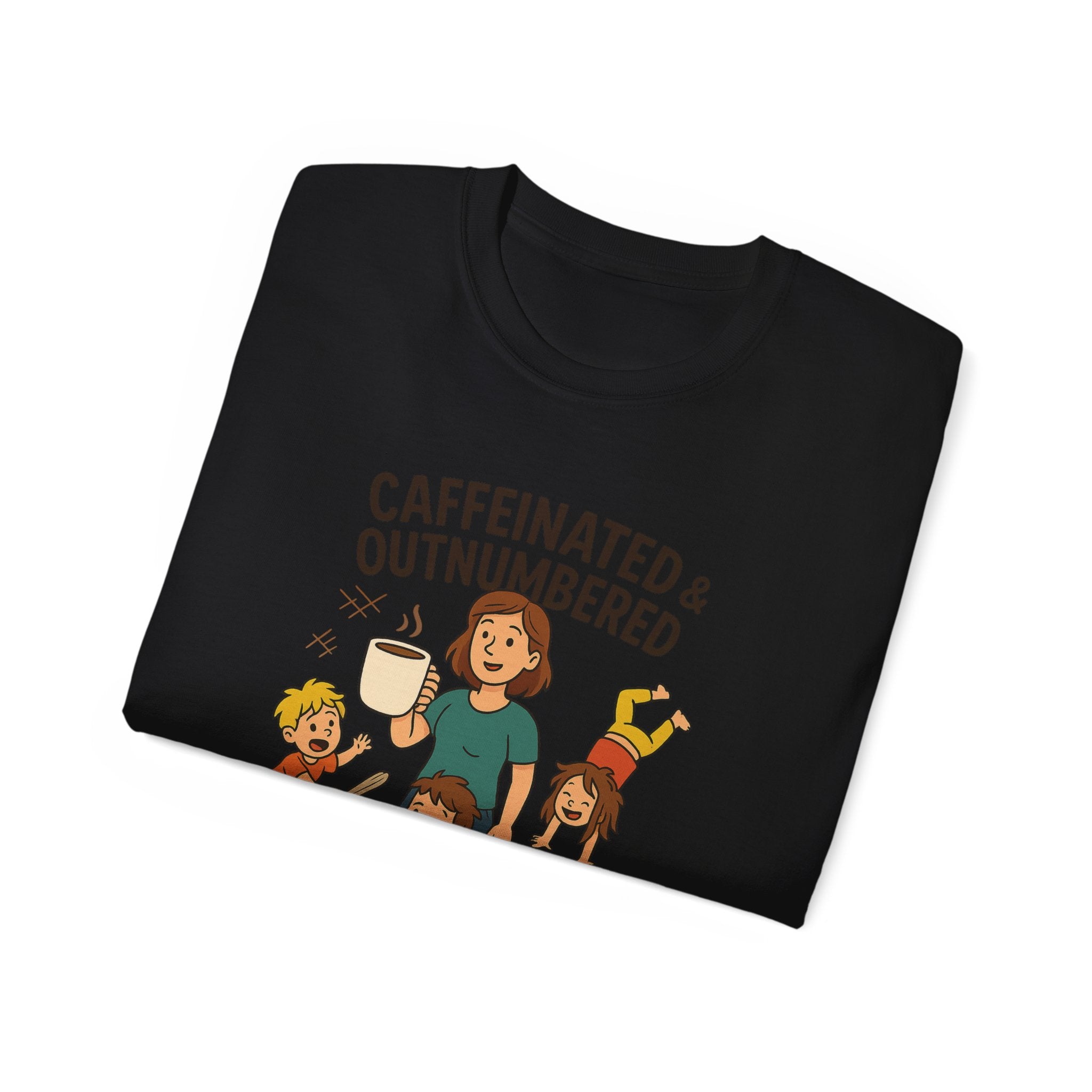 Caffeinated & Outnumbered Tee, Mom Life Shirt, Funny Parenting Tee, Gifts for Moms, Family Humor T-Shirt, Cute Kids Design