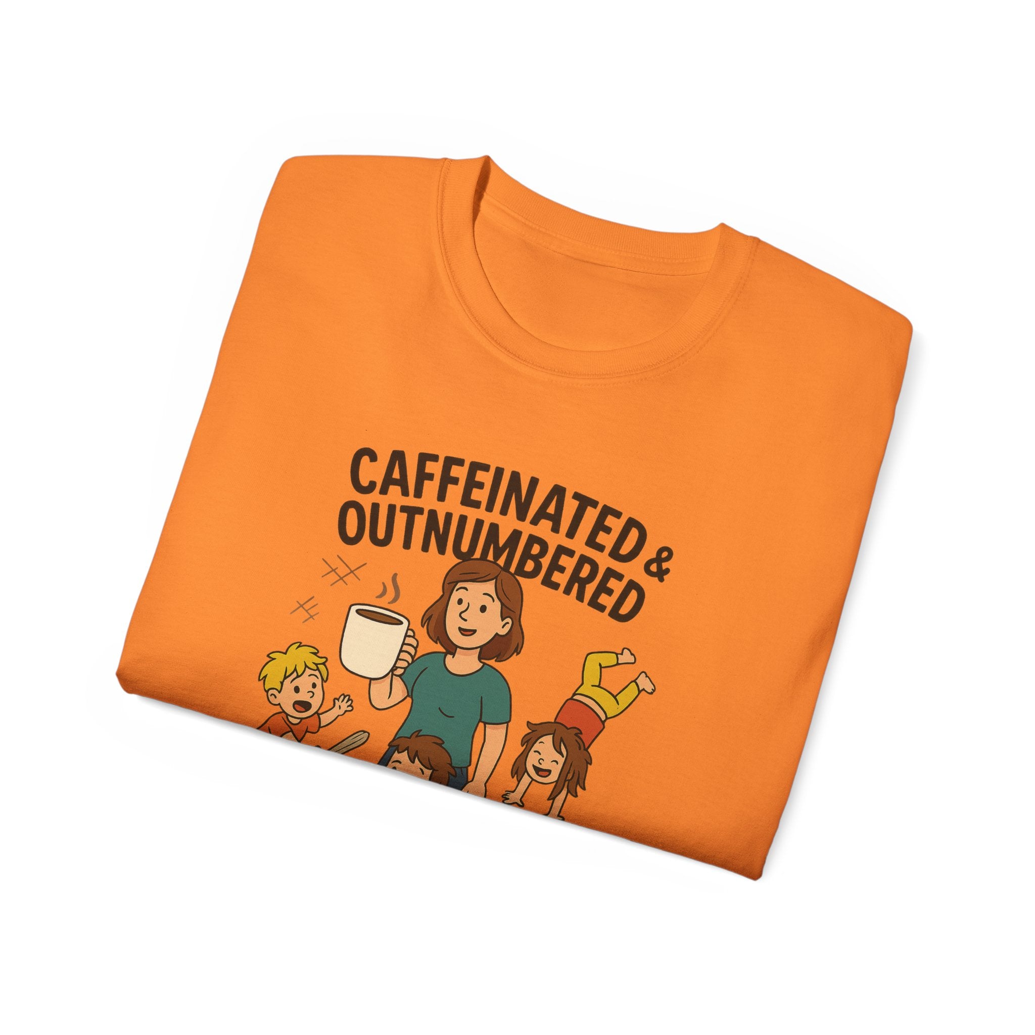 Caffeinated & Outnumbered Tee, Mom Life Shirt, Funny Parenting Tee, Gifts for Moms, Family Humor T-Shirt, Cute Kids Design