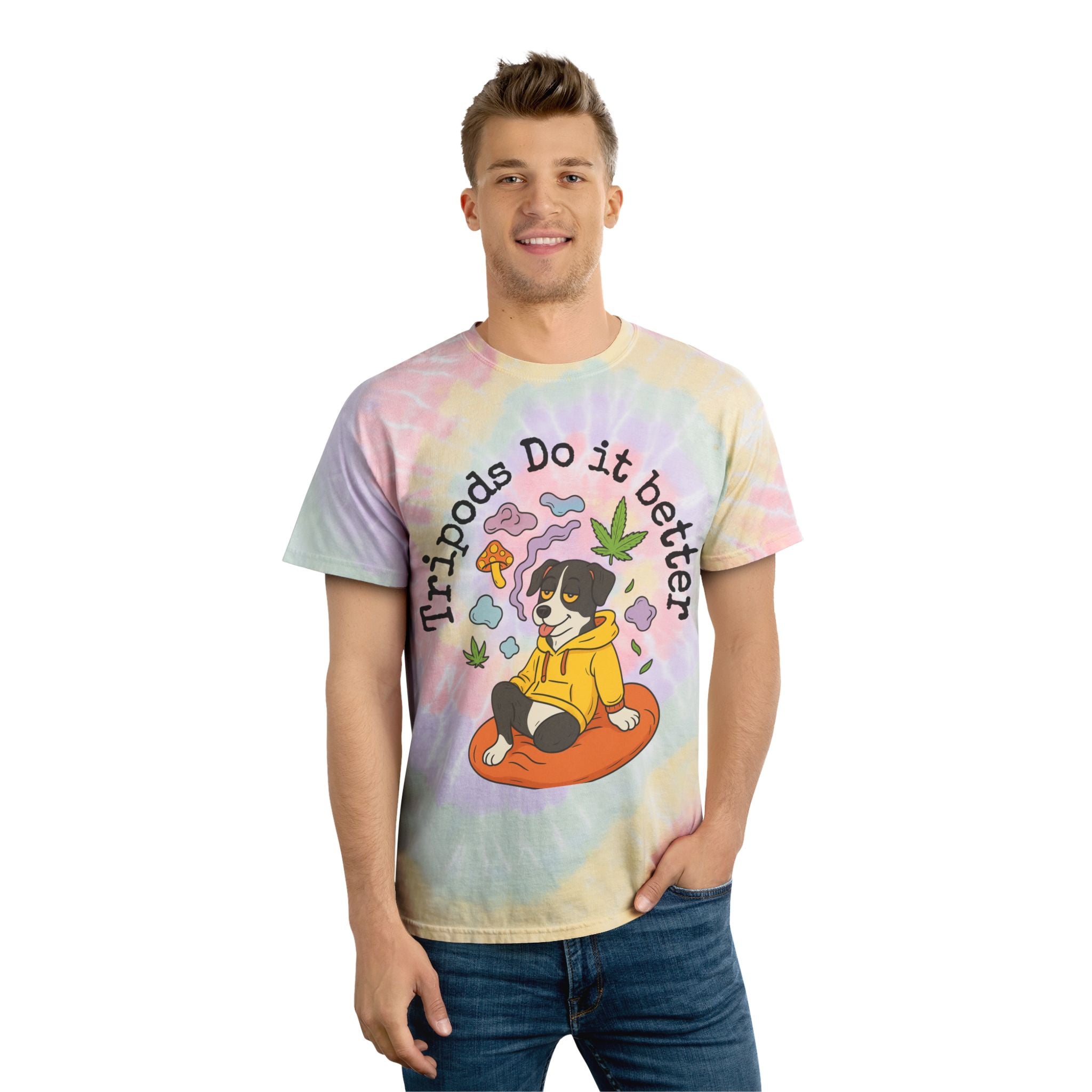 TWO SIDED: Spiral Tie-Dye Tee with Fun Cannabis Designs, Perfect for Casual Outings, Gifts, 420 Events, and Relaxing Vibes