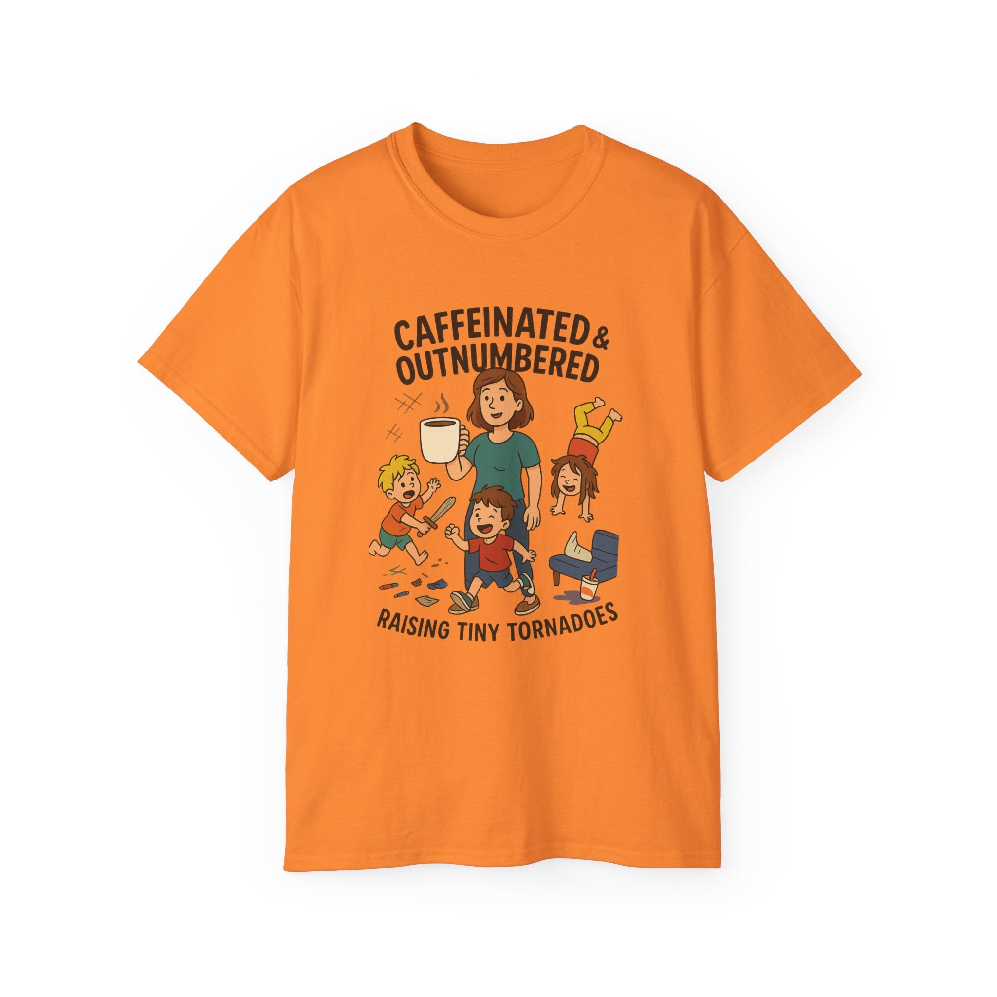 Caffeinated & Outnumbered Tee, Mom Life Shirt, Funny Parenting Tee, Gifts for Moms, Family Humor T-Shirt, Cute Kids Design