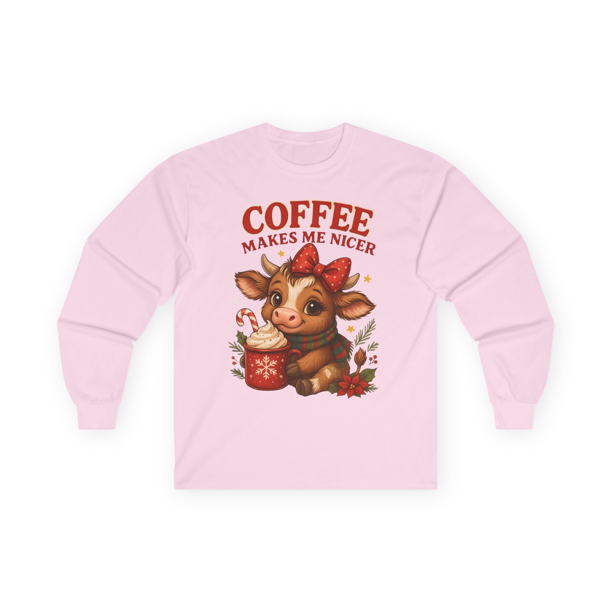 Unisex Long Sleeve Tee with Cute Cow Design - Coffee Makes Me Nicer, Holiday Gift, Casual Wear, Coffee Lover Apparel