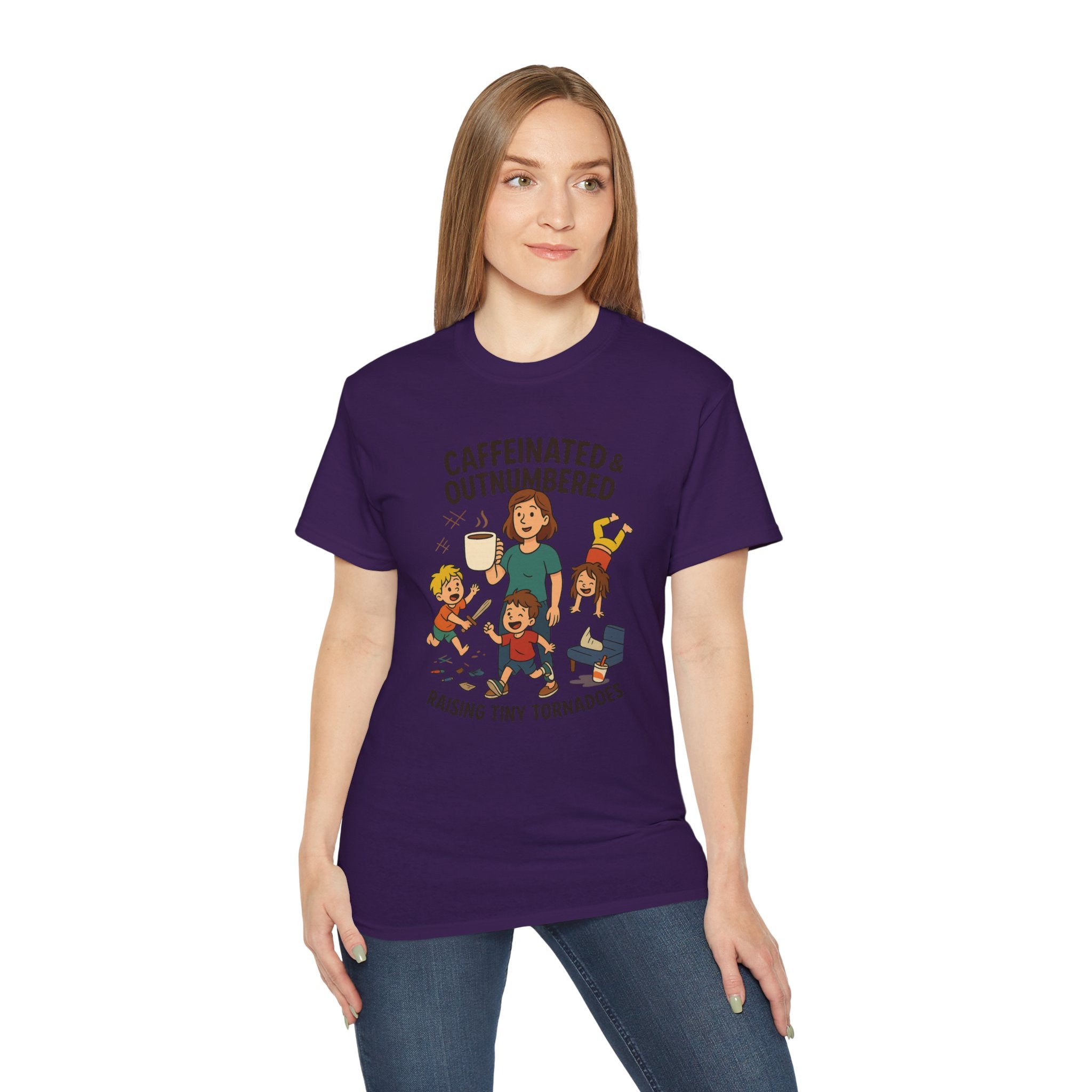 Caffeinated & Outnumbered Tee, Mom Life Shirt, Funny Parenting Tee, Gifts for Moms, Family Humor T-Shirt, Cute Kids Design