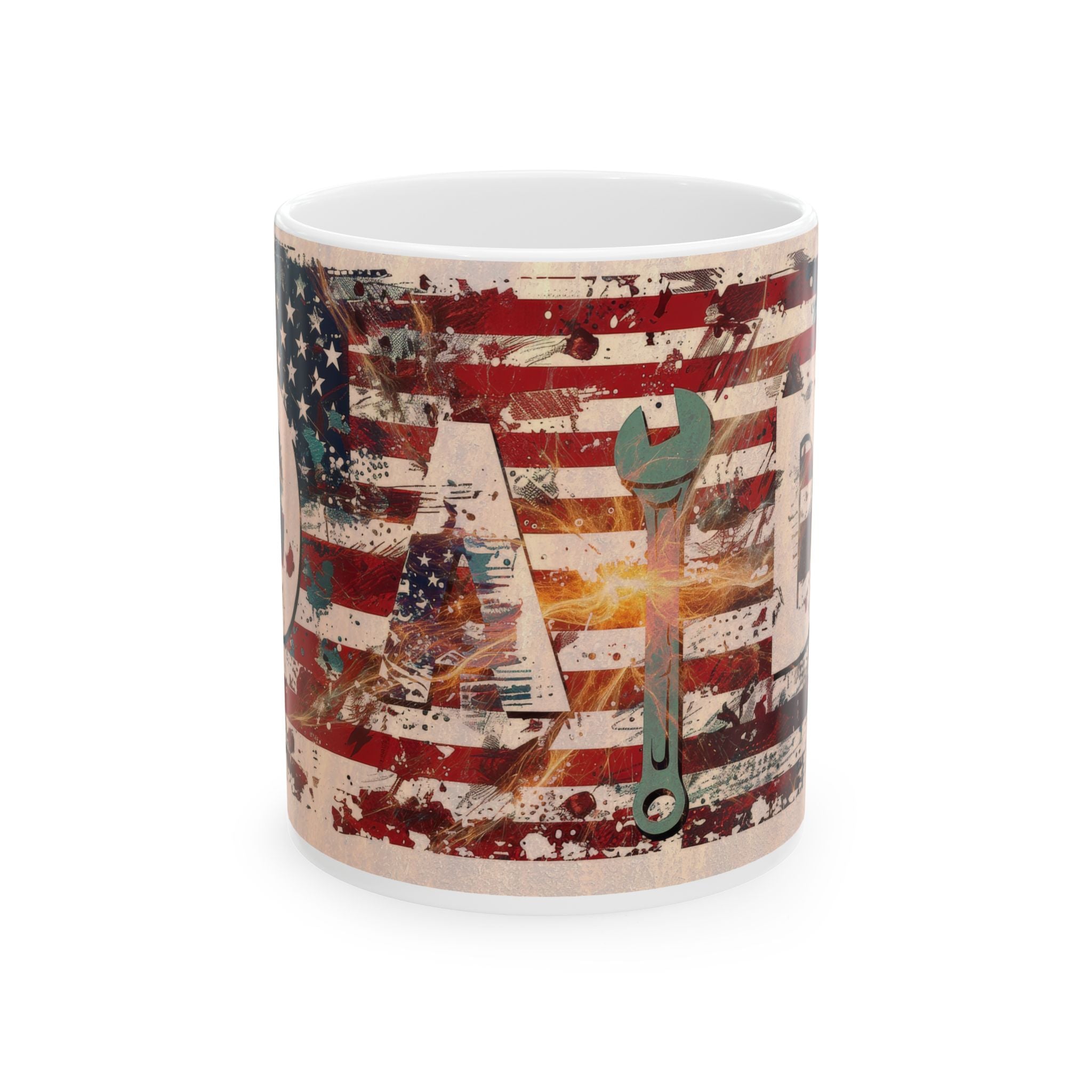 Vintage American Flag Ceramic Mug | Rustic Coffee Cup | Gift for Dad, Mechanic, Independence Day, Father's Day, Americana Decor