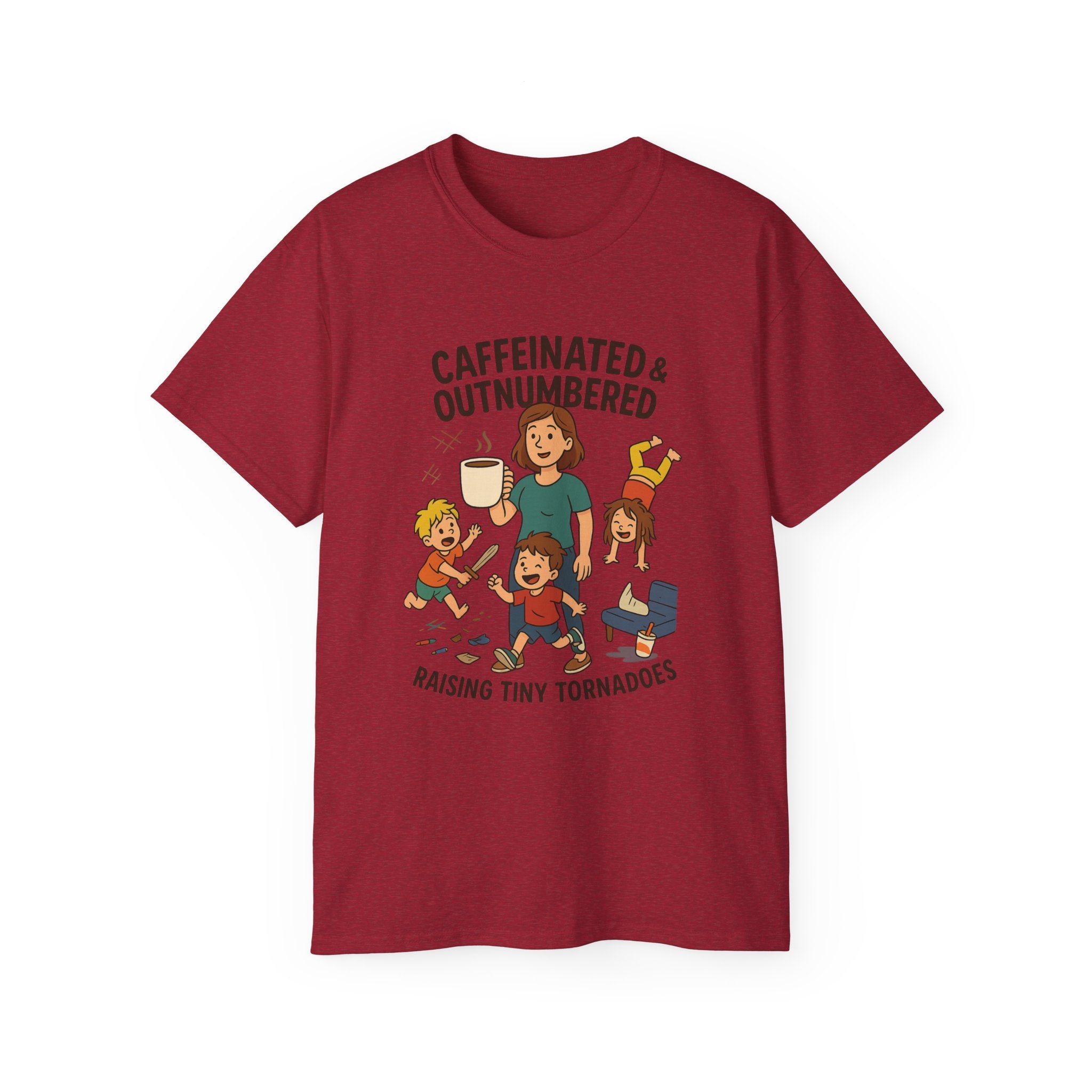 Caffeinated & Outnumbered Tee, Mom Life Shirt, Funny Parenting Tee, Gifts for Moms, Family Humor T-Shirt, Cute Kids Design