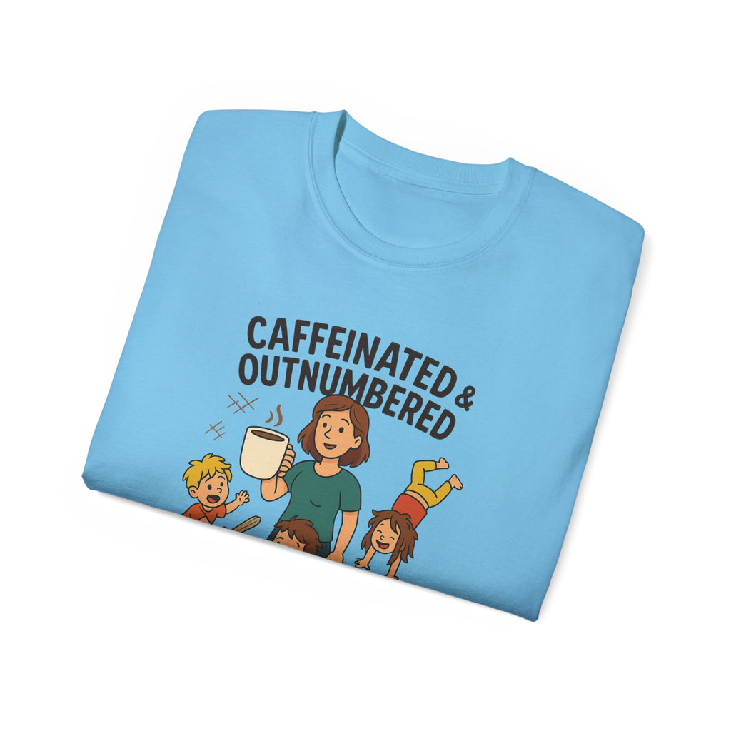 Caffeinated & Outnumbered Tee, Mom Life Shirt, Funny Parenting Tee, Gifts for Moms, Family Humor T-Shirt, Cute Kids Design