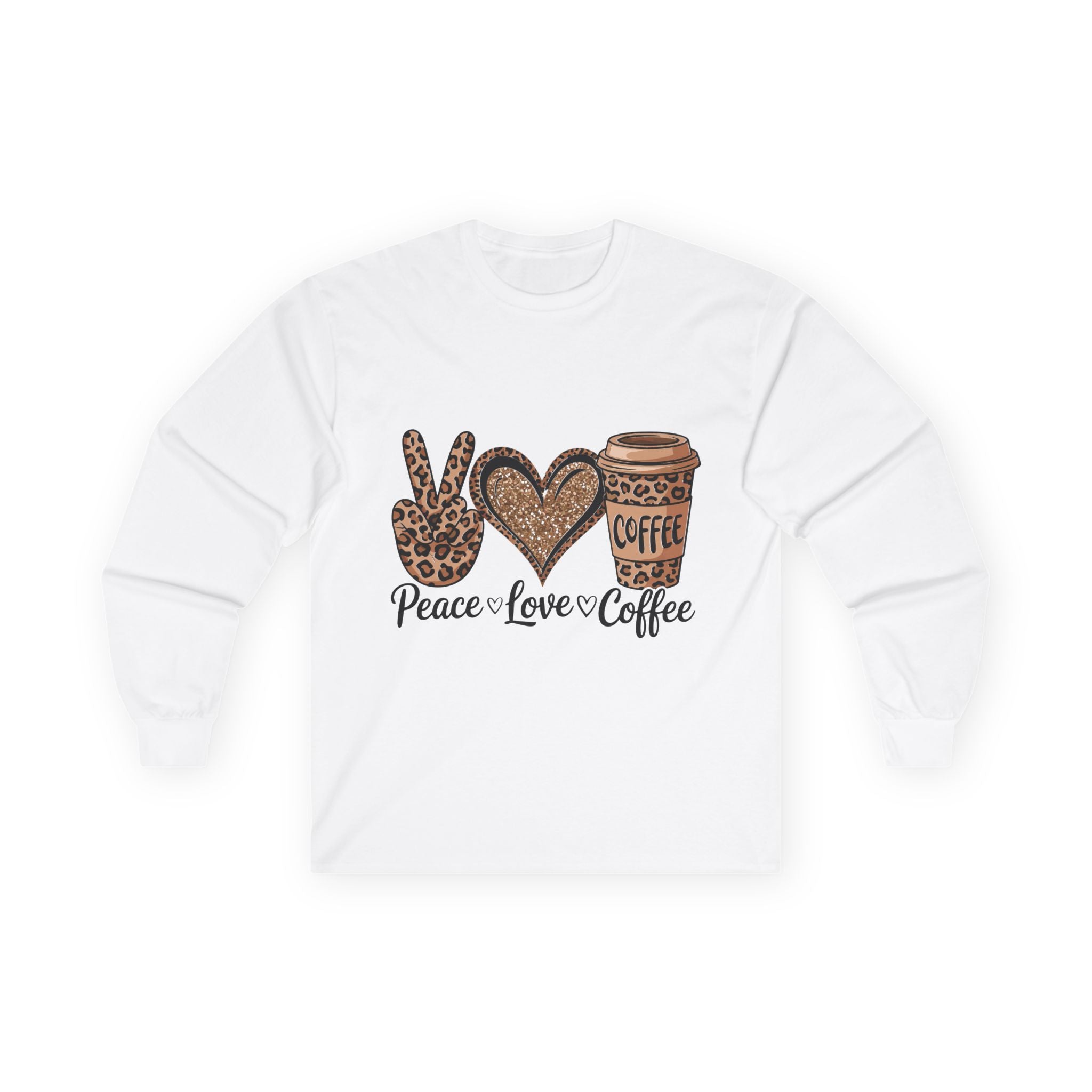 Peace Love Coffee Long Sleeve Tee | Unisex Cotton Shirt for Coffee Lovers | Perfect Gift for Holidays, Birthdays, and Casual Wear
