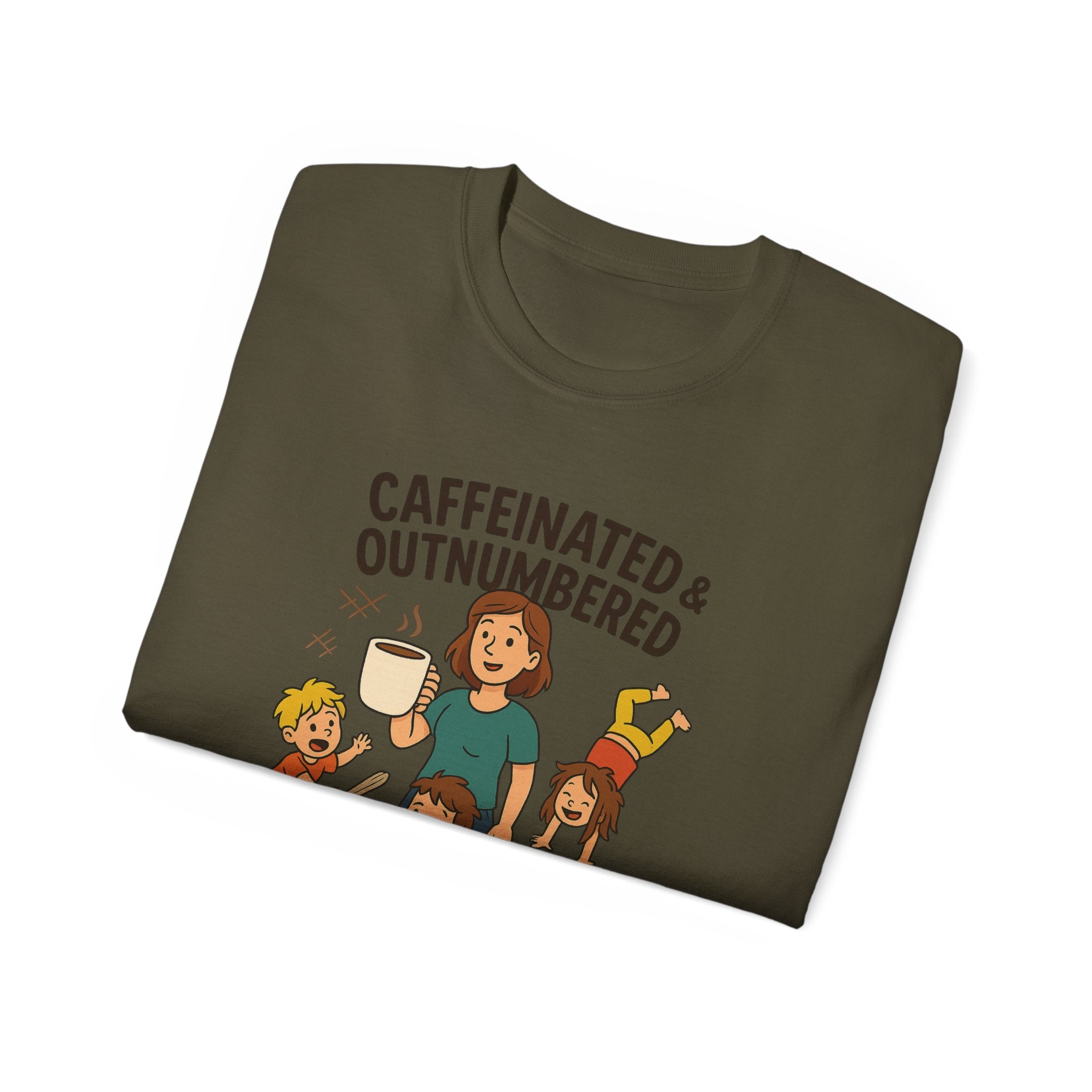 Caffeinated & Outnumbered Tee, Mom Life Shirt, Funny Parenting Tee, Gifts for Moms, Family Humor T-Shirt, Cute Kids Design