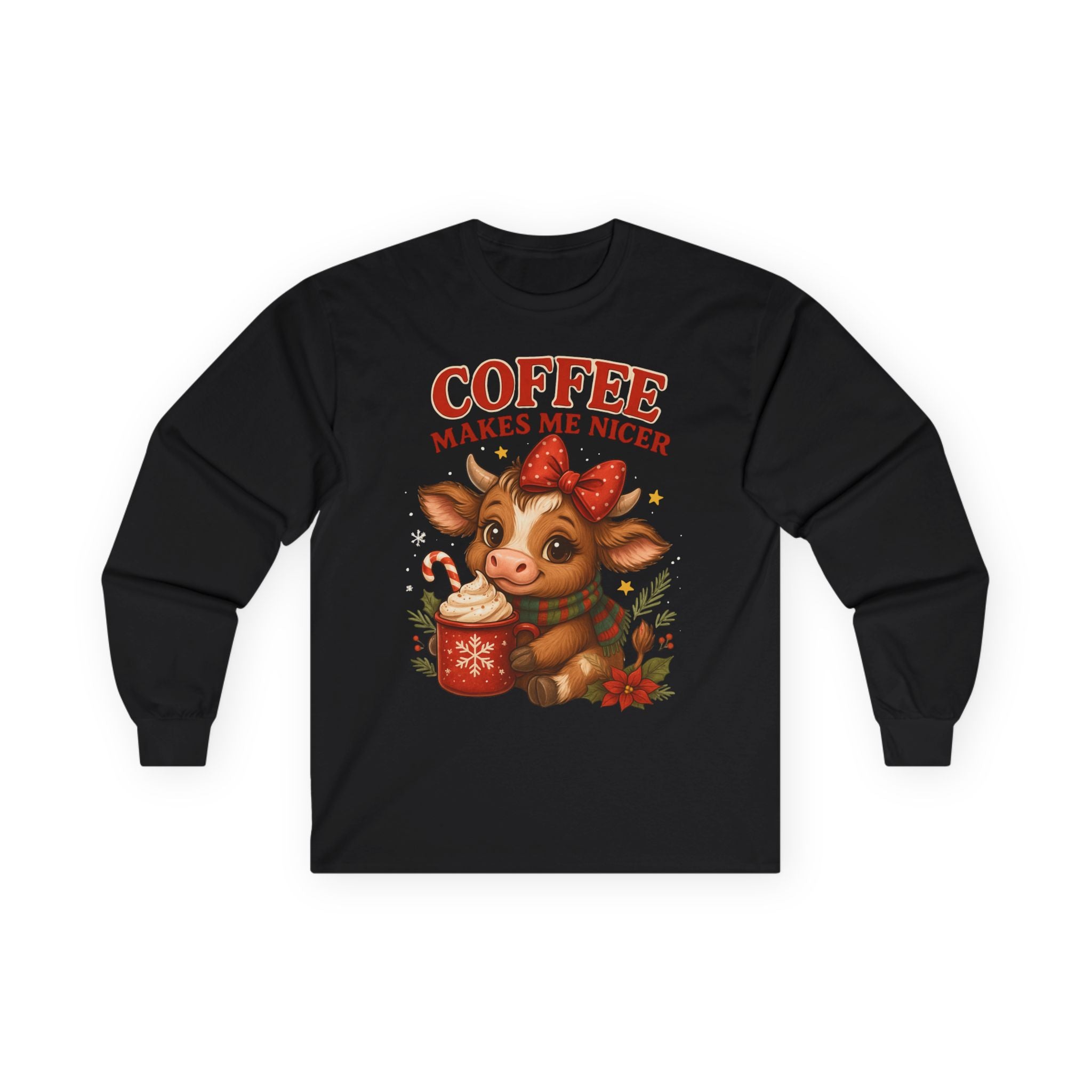 Unisex Long Sleeve Tee with Cute Cow Design - Coffee Makes Me Nicer, Holiday Gift, Casual Wear, Coffee Lover Apparel